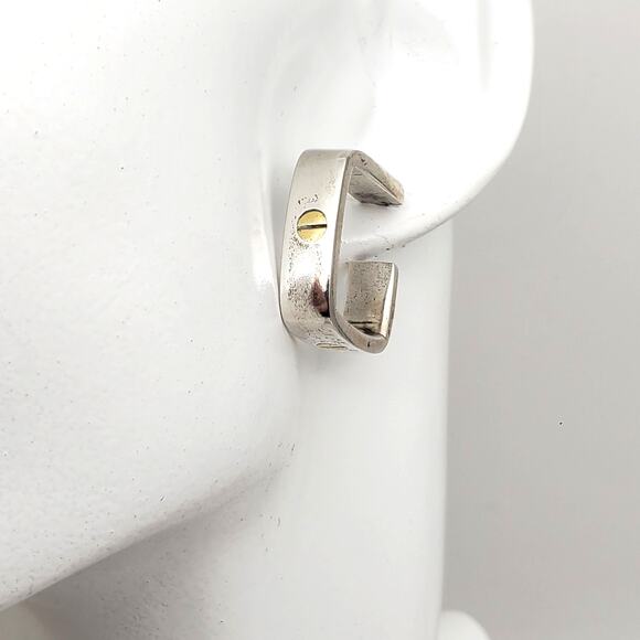 Vintage Mexican Sterling Silver Earrings Taxco 925 Hoops Modernist Brass Rivet - Picture 7 of 12